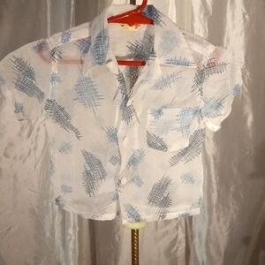 Vintage Boy's White and Blue Patterned Button-Down Shirt